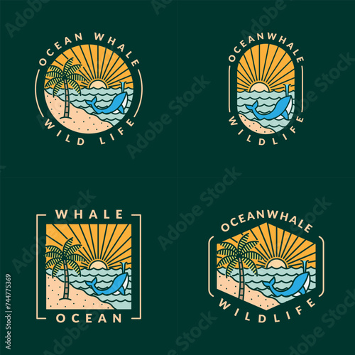 illustration of beach and whale monoline or line art style