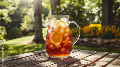 Glass pitcher of homemade lemon iced tea on an outdoor wooden table photo