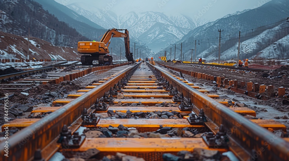 Workers are laying railways in hard to reach places with modern equipment - obrazy, fototapety, plakaty 
