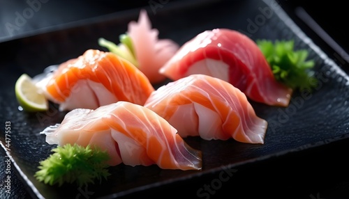 Sashimi and sushi on black dish