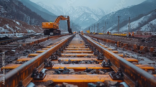Workers are laying railways in hard to reach places with modern equipment photo