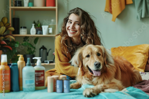 A cheerful dog beside its owner, surrounded by pet care essentials, happiness and trust between human and pet.