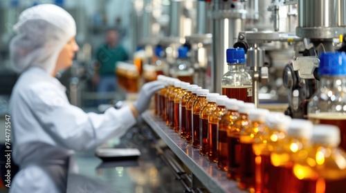 A laboratory technician in protective gear meticulously inspects a production line of medical vials, ensuring quality control in a pharmaceutical facility. AIG41