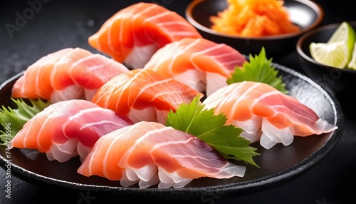Sashimi and sushi on black dish