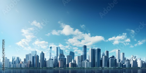 Urban skyline with tall buildings and residential architecture under blue sky. Concept Urban Skyline, Tall Buildings, Residential Architecture, Blue Sky, Cityscape