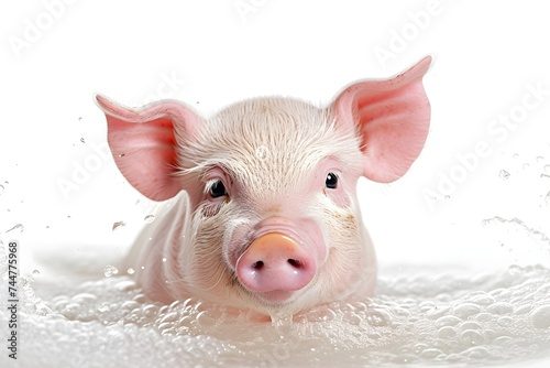 A young piglet happily washes himself in the bathtub. Cleanliness and health, Animals also love cleanliness, a pig takes water treatments in the bathroom. Generative AI.