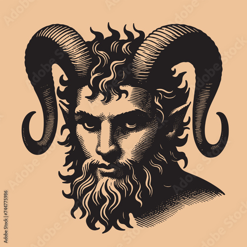 Mythical satyr portrait. Beautiful vintage engraving illustration, emblem, icon, logo. Black lines photo