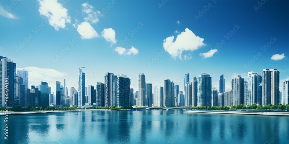 Cityscape featuring skyscrapers and homes against a blue sky. Concept Cityscape, Skyscrapers, Urban Landscape, Blue Sky, Architecture