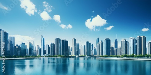 Cityscape featuring skyscrapers and homes against a blue sky. Concept Cityscape  Skyscrapers  Urban Landscape  Blue Sky  Architecture