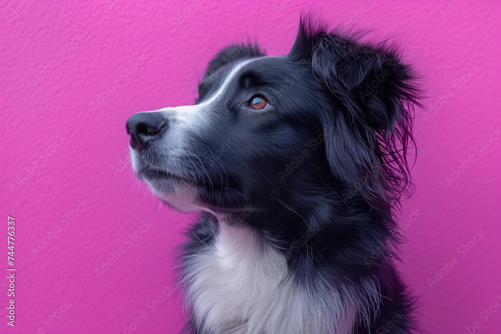 Serene Border Collie against a purple backdrop, looking away thoughtfully