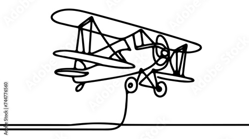 Small plane flying in the sky in one continuous line art drawing style. © artisttop