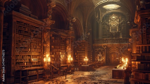 An ancient library with towering bookshelves, hidden alcoves, and magical glowing manuscripts. Resplendent. © Summit Art Creations