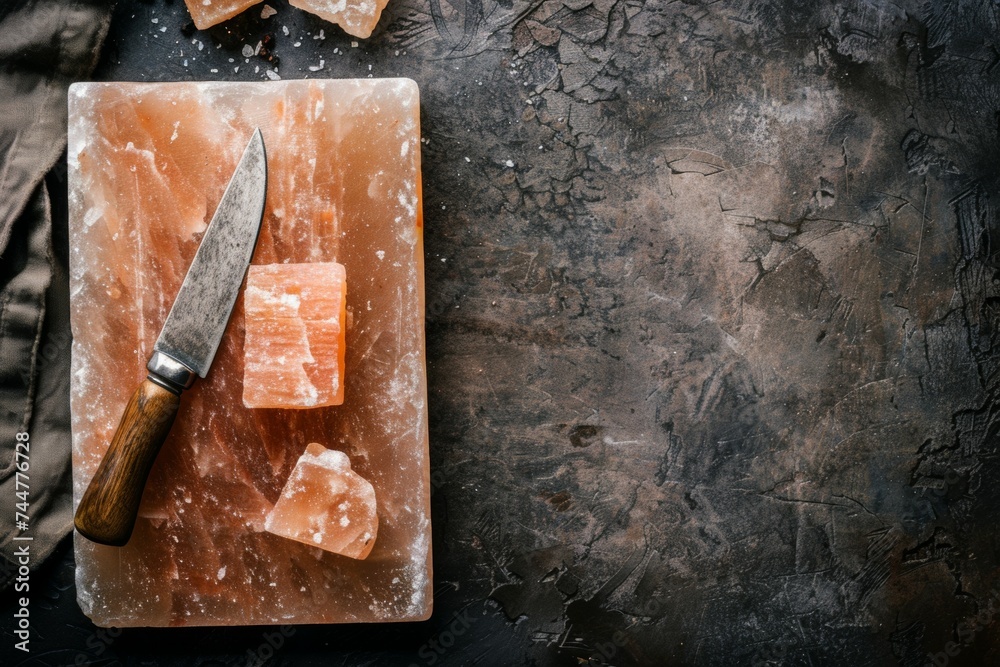 Himalayan salt slab on a dark background with cooking knife and mineral chunks - obrazy, fototapety, plakaty 