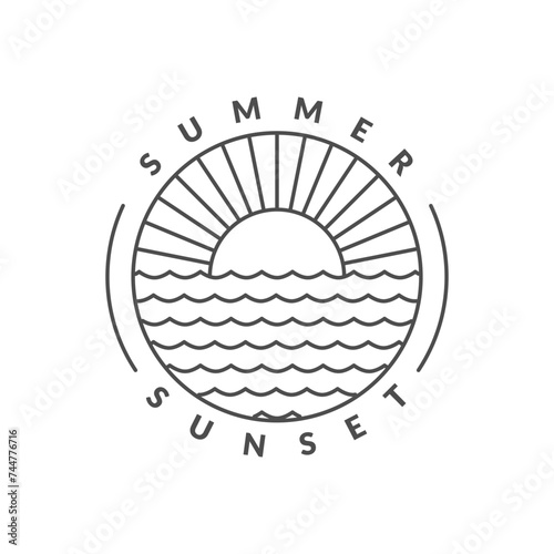 illustration of sunset beach monoline or line art style vector