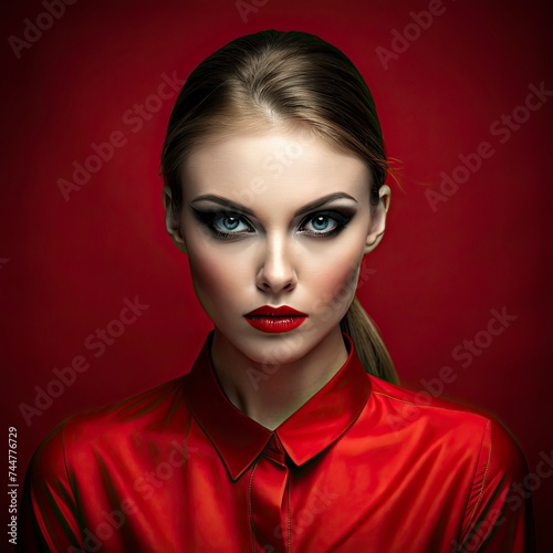 A superb model poses in a scarlet top and cosmetics as she stands independently before an extravagant only cherry background.