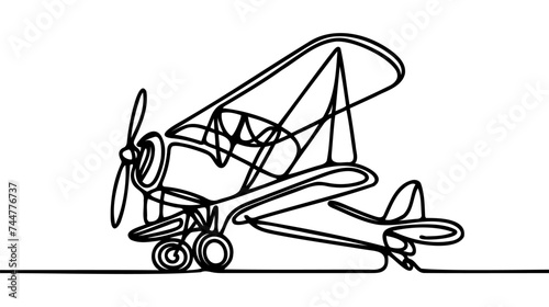 Small plane flying in the sky in one continuous line art drawing style.