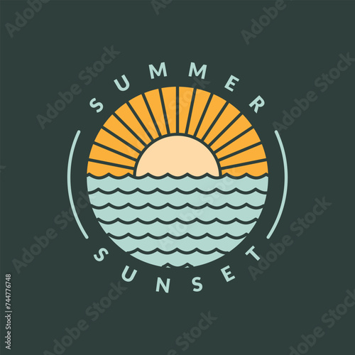 illustration of sunset beach monoline or line art style vector