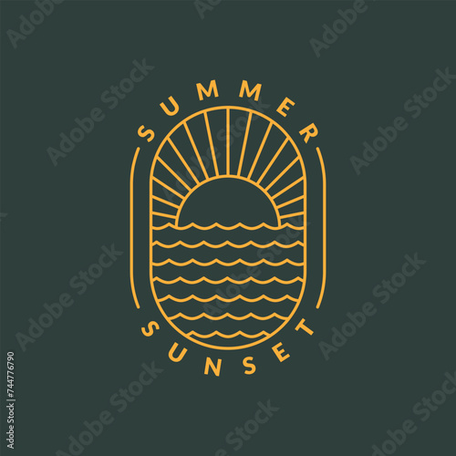 illustration of sunset beach monoline or line art style vector