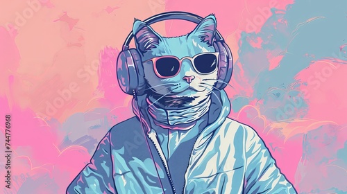 fantasy character illustrated in a pink and blue background with a cat head, sunglasses, headphones, a white jacket, and music playing.