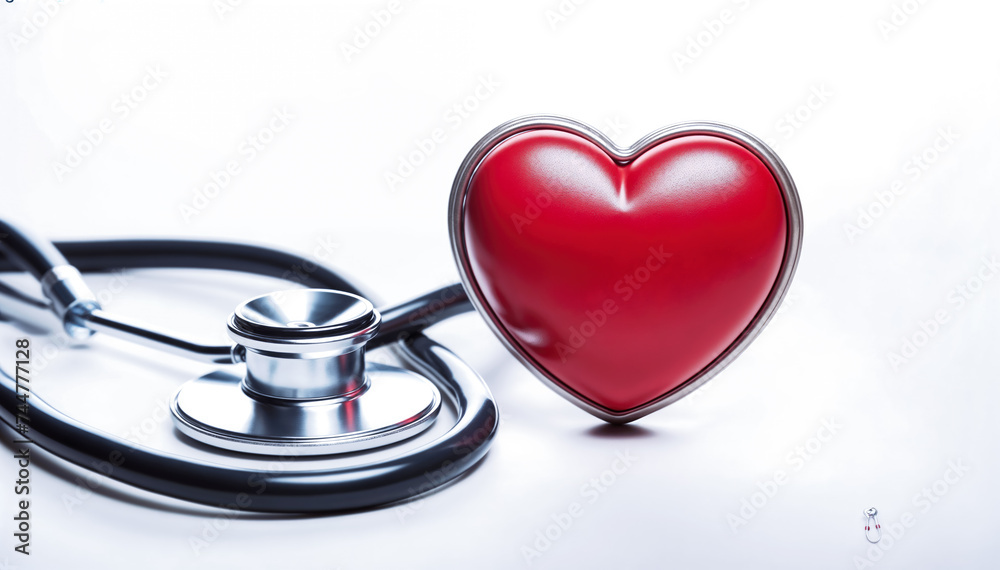 A stethoscope rests beside a healthy red heart on a white background A stethoscope rests beside a healthy red heart on a white background