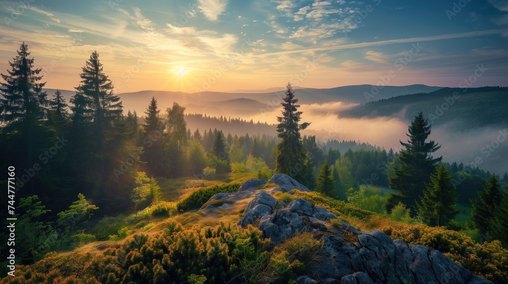 Foggy landscape in high green mountains with sunlight through the clouds in summer with setting sun
