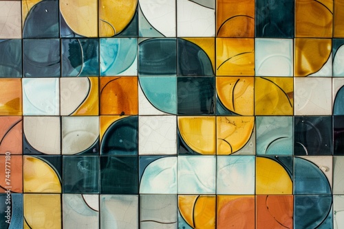 Hand-painted ceramic tile wall with abstract colorful art and texture