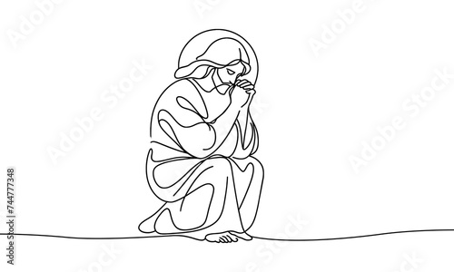 Vector image of Jesus praying in one continuous line on a white background.