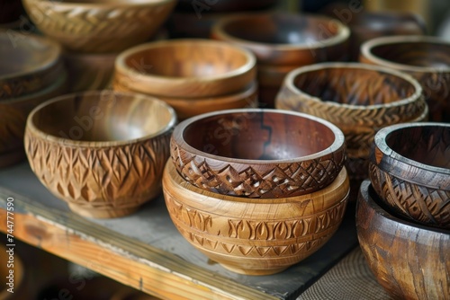 Handcrafted wooden bowls with intricate carving showcasing artisan craftsmanship and woodwork as kitchenware and decor