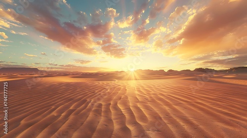 A vast desert landscape at sunrise during Spring Break, the dunes creating mesmerizing patterns, the sky a palette of warm colors, emphasizing the stark beauty and vastness of the desert in spring