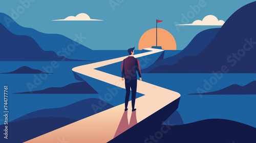 Man Walking on Path to Flag on Hill