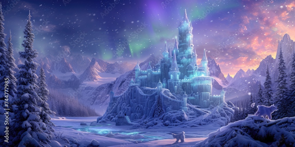 A majestic ice castle stands tall under the captivating aurora borealis ...