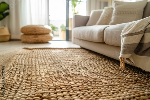 Interior decoration with an eco-friendly jute rug brings natural texture to the home living room photo