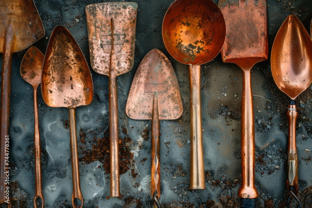 Copper gardening tools with trowel shovel and fork on a rustic metallic background - obrazy, fototapety, plakaty 