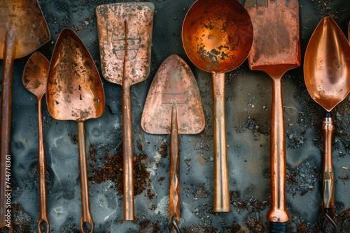 Copper gardening tools with trowel shovel and fork on a rustic metallic background photo
