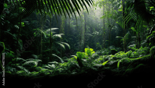  Lush green foliage of a dense tropical rainforest with sunlight shining  © Graphic Dude
