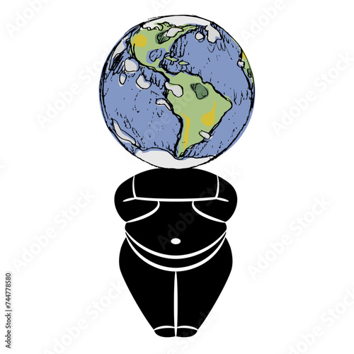 Neolithic female figurine with planet Earth as her head. Goddess Gaia. Great Mother Nature. Creative environmental and mythological concept.