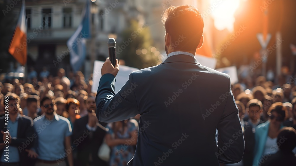 Man politician doing a speech outdoor in front of a crowd of members of a political party - obrazy, fototapety, plakaty 