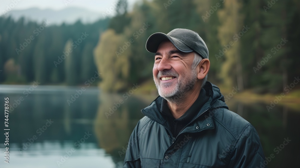 Man in his 50s who exudes happiness and a sense of feeling truly alive in a beautiful natural park near a lake, genuine smile on his face Man in his 50s who exudes happiness and a sense of feeling truly alive in a beautiful natural park near a lake, genuine smile on his face