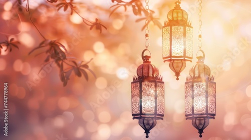 "Happy Eid" elegantly integrated into the design of a traditional lantern, Islamic backgrounds.