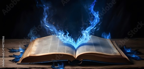 This grimoire's pages flutter as ascending blue flames rise from it, symbolizing a powerful magical force being unleashed into the world.