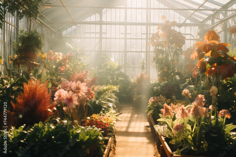 Nature, plants and flowers concept. Big with flowers and greenery orangery or greenhouse full of morning mist and illuminated with sunlight Nature, plants and flowers concept. Big with flowers and greenery orangery or greenhouse full of morning mist and illuminated with sunlight
