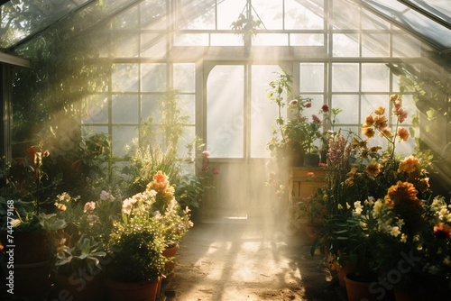 Nature, plants and flowers concept. Big with flowers and greenery orangery or greenhouse full of morning mist and illuminated with sunlight photo