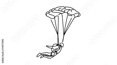 One continuous line drawing of young bravery man flying in the sky using paragliding parachute.
