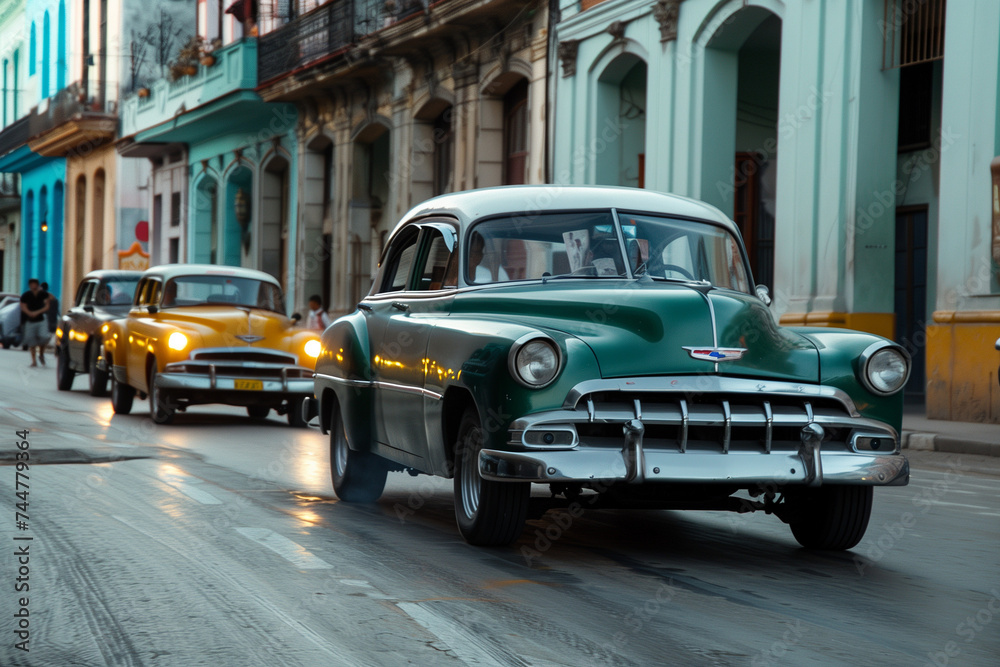 Classic cars driving down the colorful streets of Old Havana, Cuba, vibrant architecture and lively atmosphere, embodying the city's spirit and history