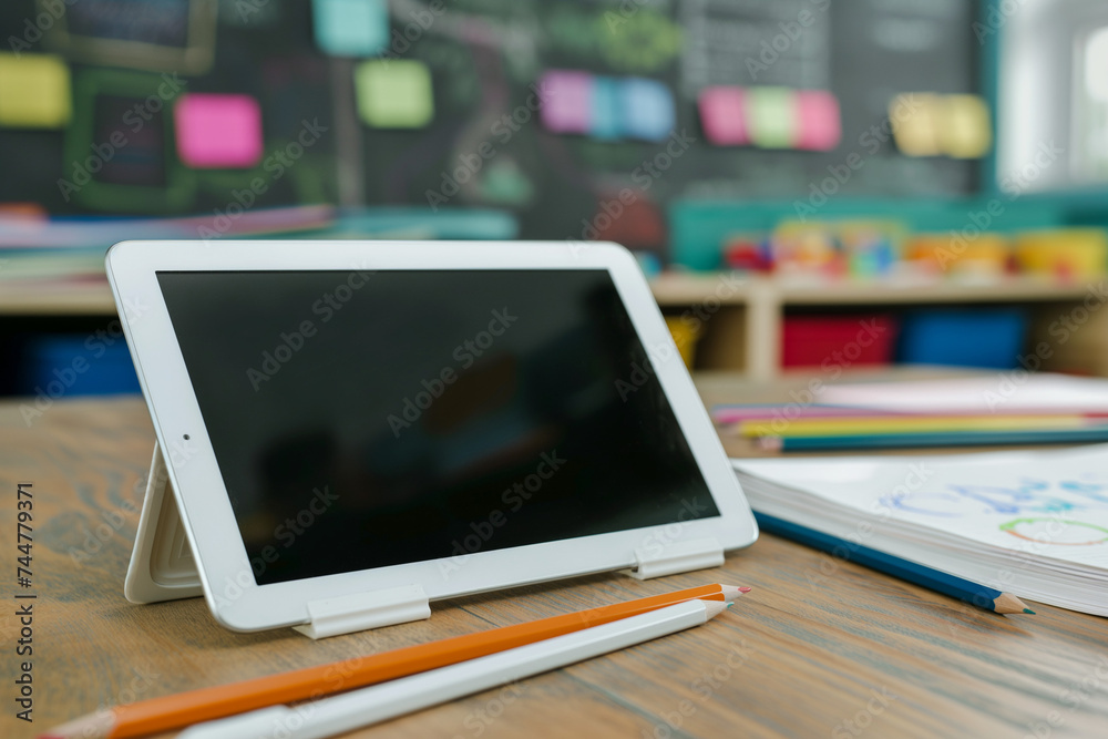 Tablet mock-up in a classroom setting, educational tools around, interactive and learning-focused, technology in education theme