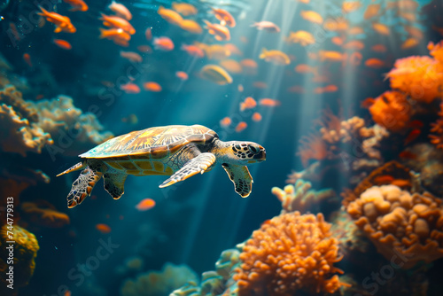 Underwater photograph of a tropical turtle swimming among corals and fish. © aguadeluna