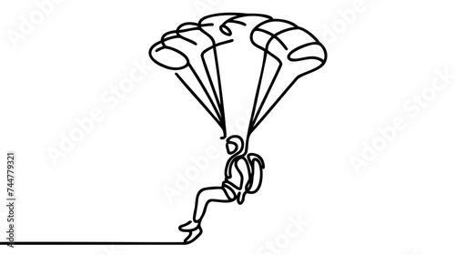 One continuous line drawing of young bravery man flying in the sky using paragliding parachute.