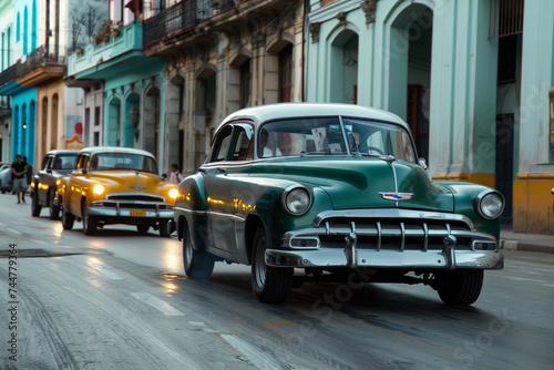 Classic cars driving down the colorful streets of Old Havana, Cuba, vibrant architecture and lively atmosphere, embodying the city's spirit and history