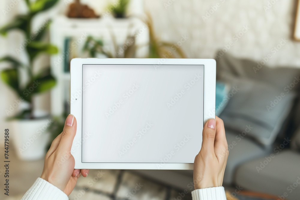 Holding a tablet mock-up in a casual setting, screen facing the viewer, personal and relatable, ideal for app or website presentations Holding a tablet mock-up in a casual setting, screen facing the viewer, personal and relatable, ideal for app or website presentations