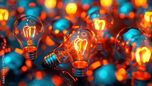 large huddle of glowing light bulb against dark background. AI generated illustration photo